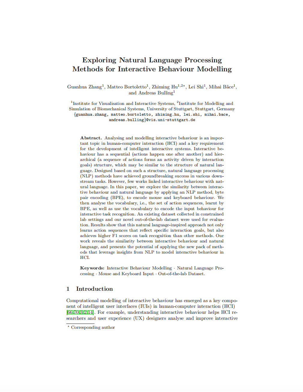 Exploring Natural Language Processing Methods for Interactive Behaviour Modelling