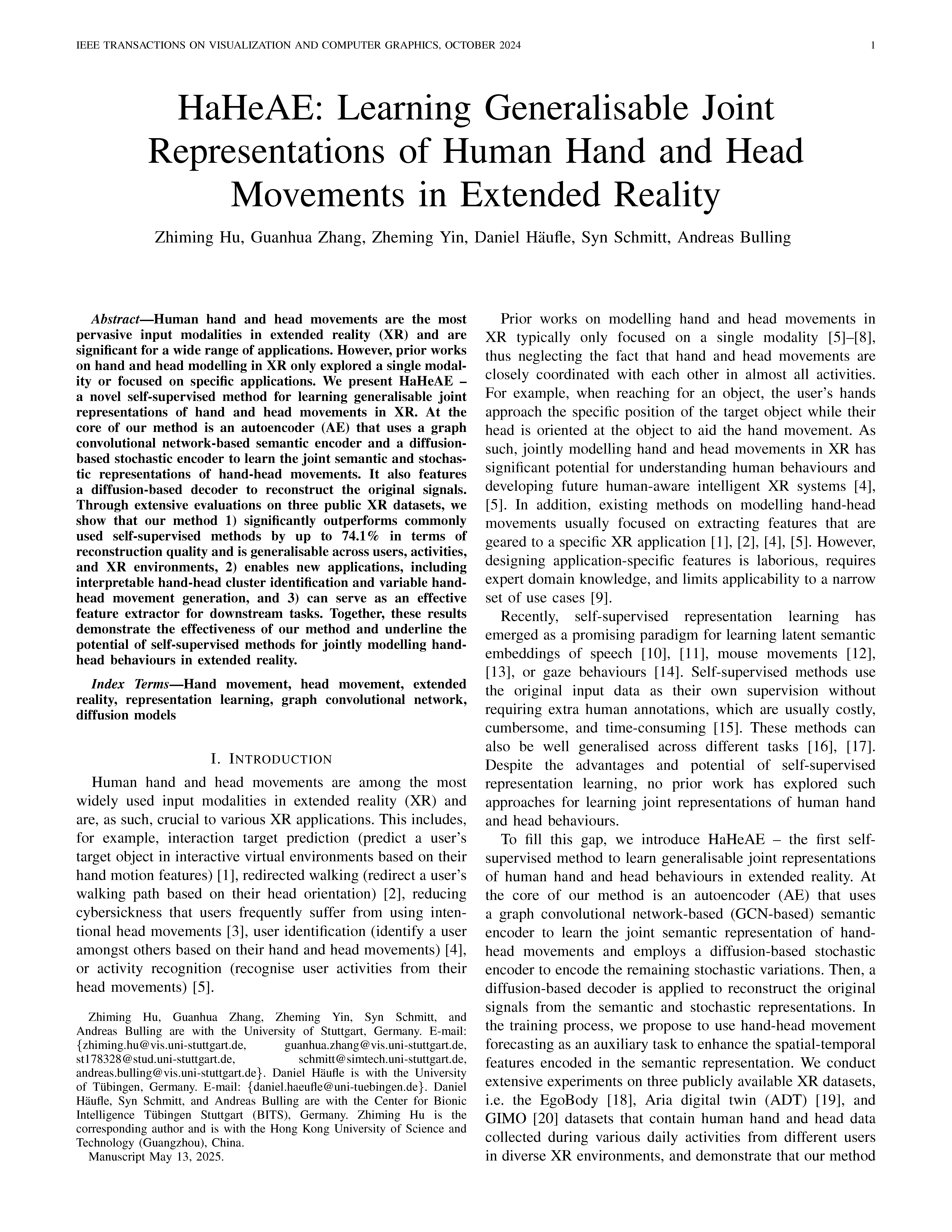 HaHeAE: Learning Generalisable Joint Representations of Human Hand and Head Movements in Extended Reality